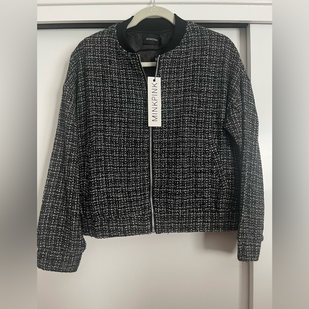New MinkPink black & white tweed bomber Jacket